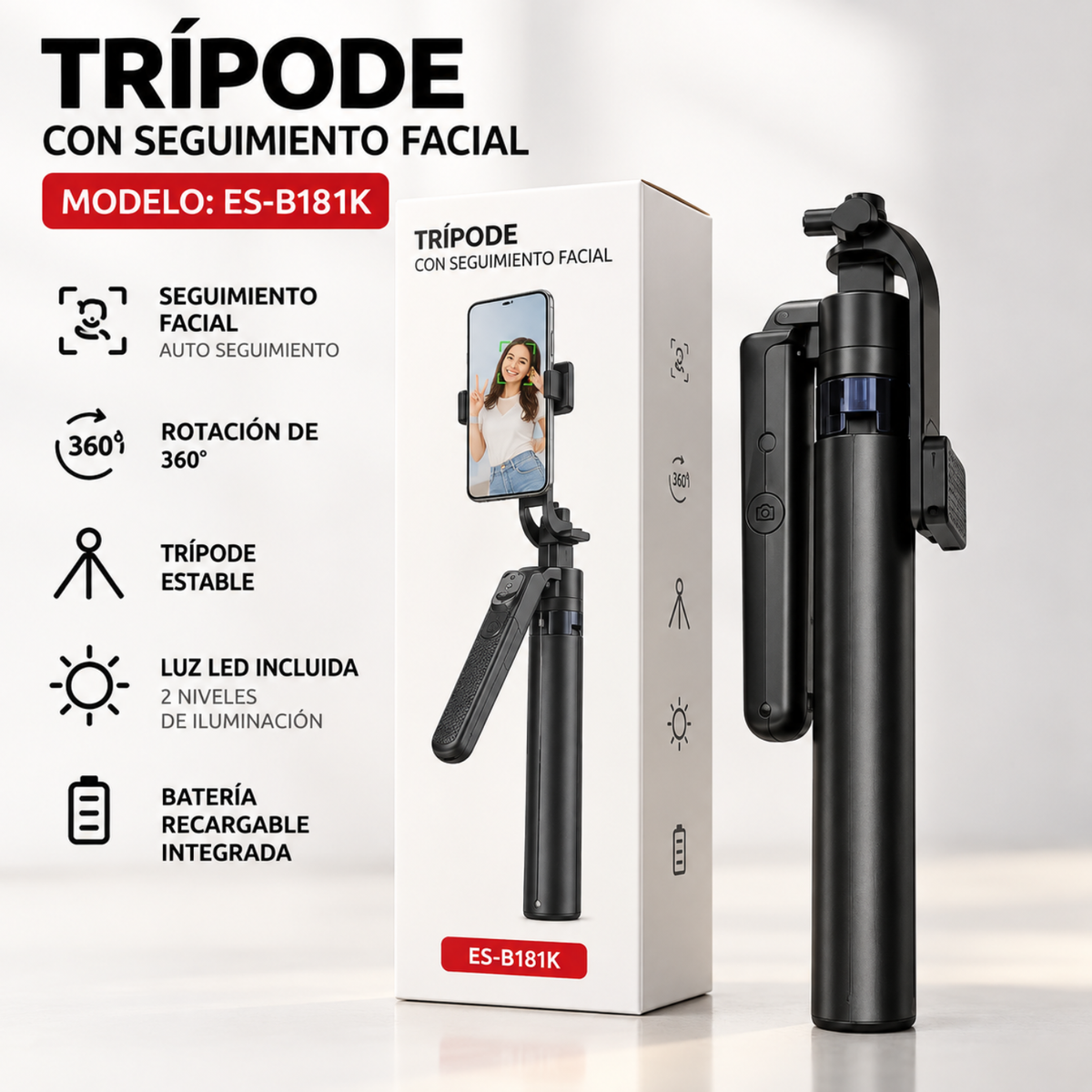 Trípode Selfie con Seguimiento Facial IA 360°