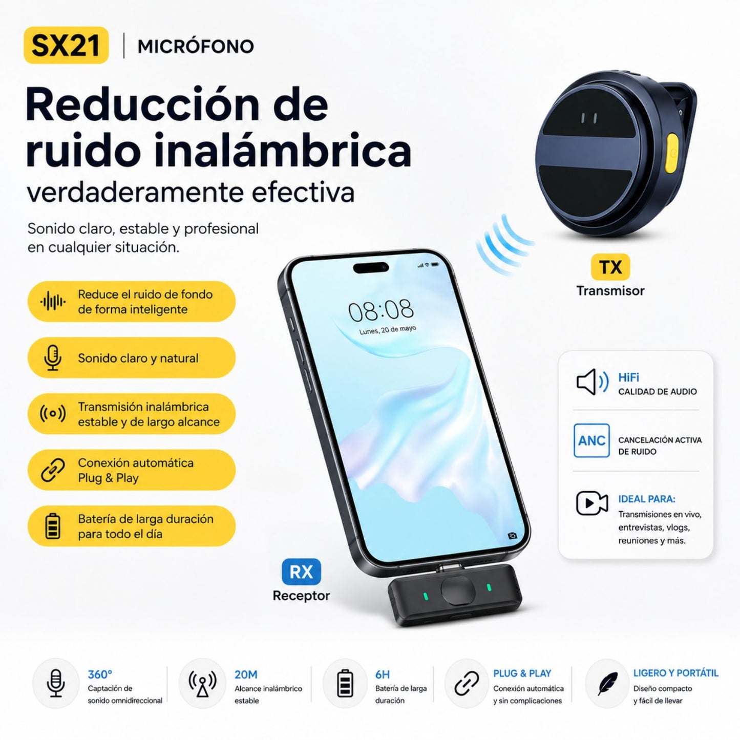 🎤 Micrófono Inalámbrico SX21 con Cancelación de Ruido