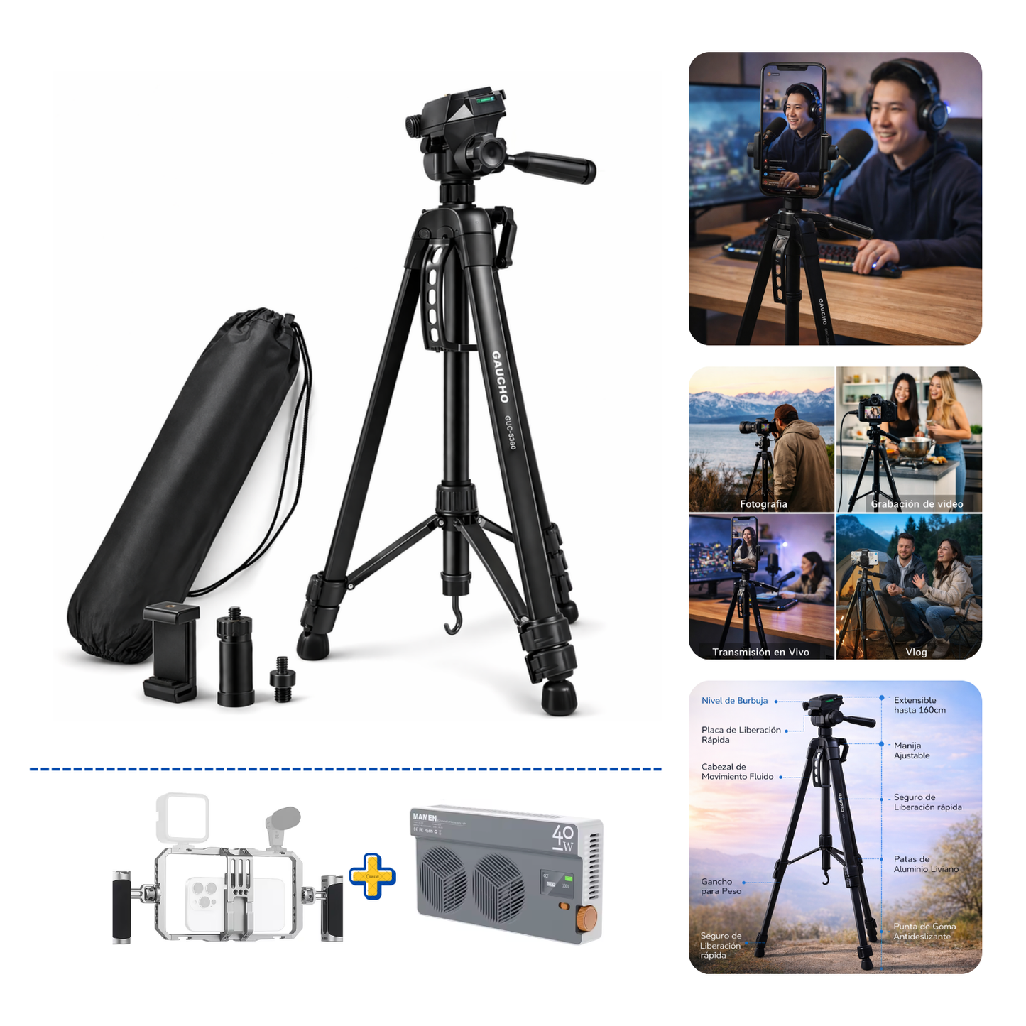 tripode de 7kilos+ jaula de aluminio + Luz LED 40W
