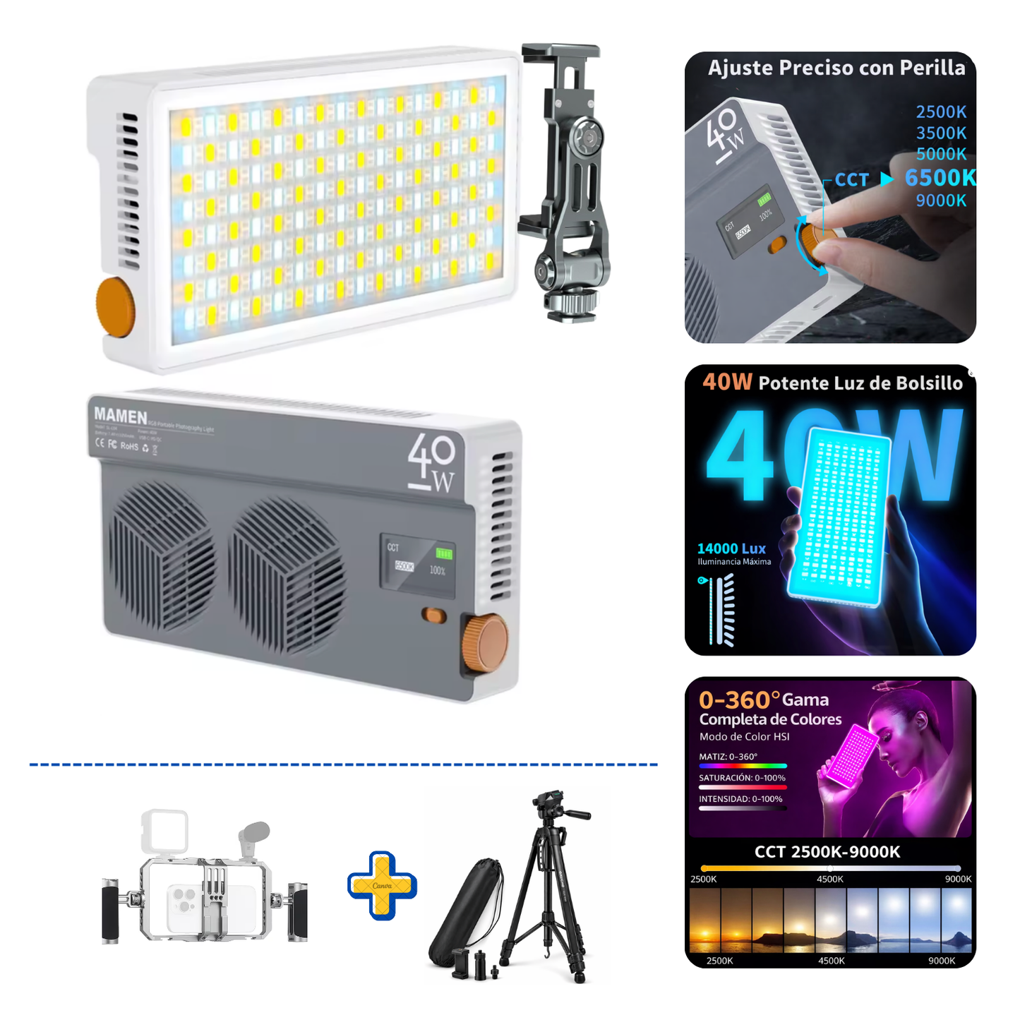 tripode de 7kilos+ jaula de aluminio + Luz LED 40W
